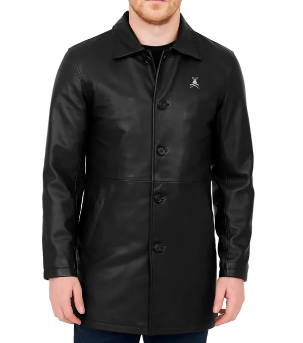 Ralvyn Black Classic Collar Button Front Leather Coat
