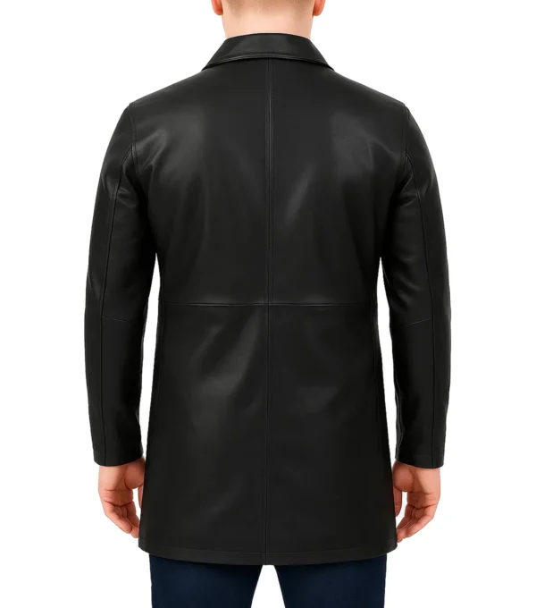 Ralvyn Black Classic Collar Button Front Leather Coat Back