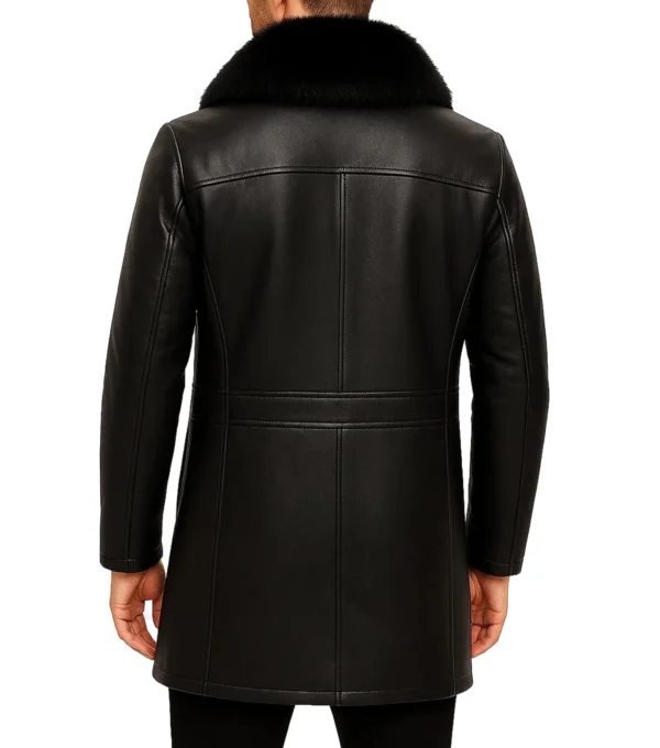Rhegon Fur Collar Black Leather Coat Back