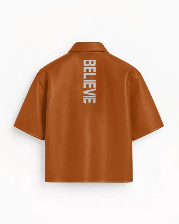 Shop Believer Oversized Snap Brown Shirt Back Look