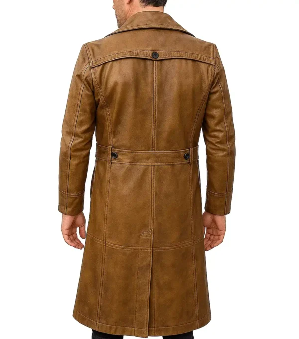 Thandor Distressed Long Brown Leather Coat Back