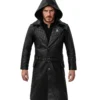 Varek Quilted Shoulder Black Leather with Hood and Belted Waist Coat