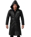 Varek Quilted Shoulder Black Leather with Hood and Belted Waist Coat