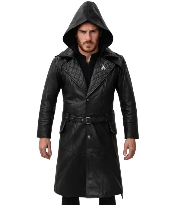 Varek Quilted Shoulder Black Leather with Hood and Belted Waist Coat