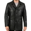Varston Black Four Pocket Buttoned Leather Coat