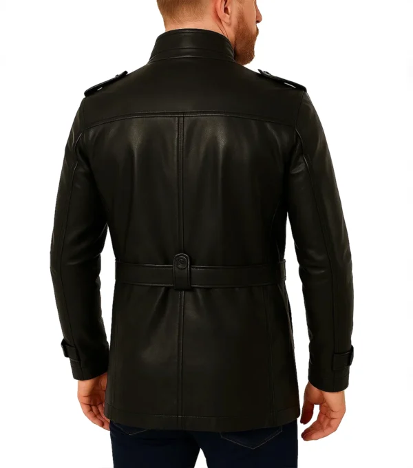 Zayden Stand Collar Black Leather Coat Back