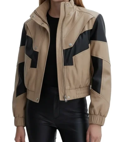 Aubrey Beige and Black Contrast Leather Jacket