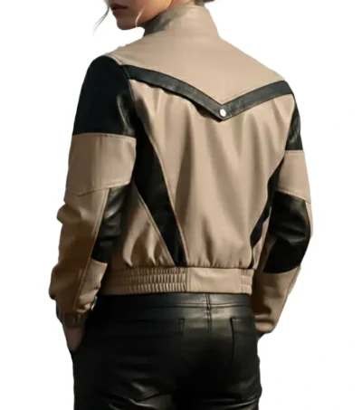 Aubrey Beige and Black Contrast Leather Jacket Back Look