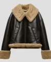 Clara Coffee Brown Shearling Leather Jacket Front