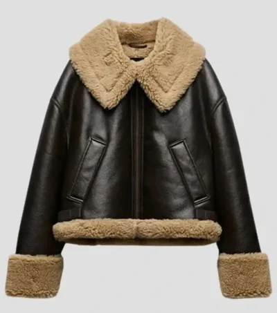 Clara Coffee Brown Shearling Leather Jacket Front