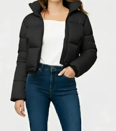 Luna White Cropped Puffer Black Jacket