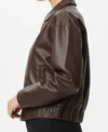 Nora Dark Brown Bomber Leather Jacket Side Look