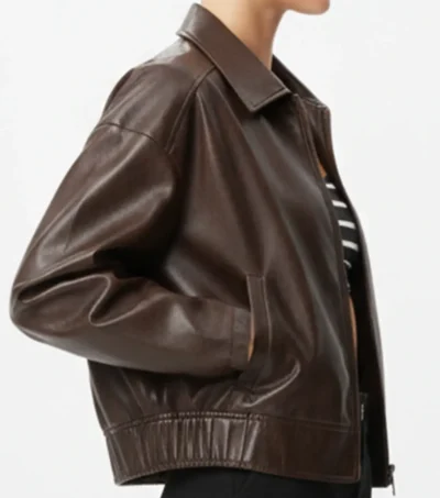 Nora Dark Brown Bomber Leather Jacket on Sale