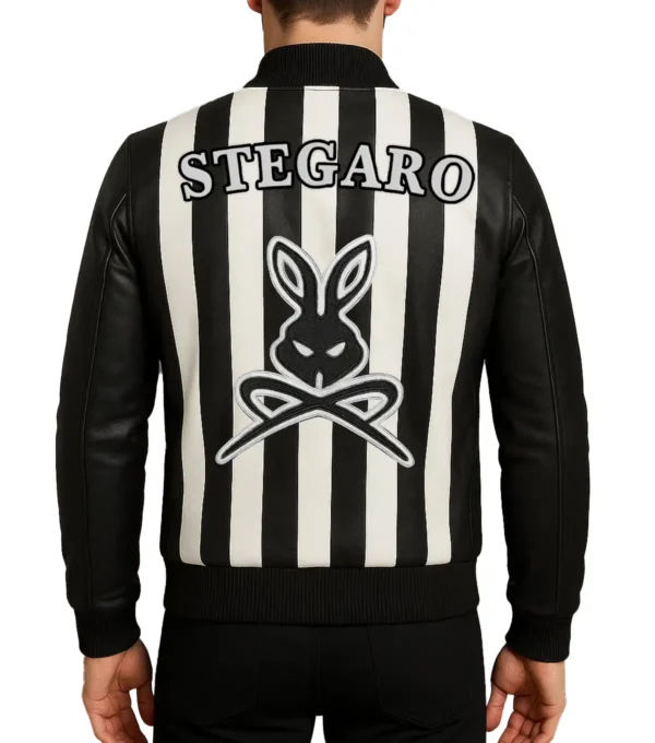 Retro Striped Black Leather Jacket Back