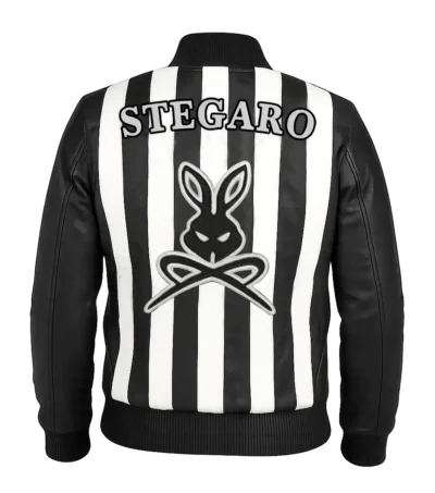 Retro Striped Black Leather Jacket Back Look