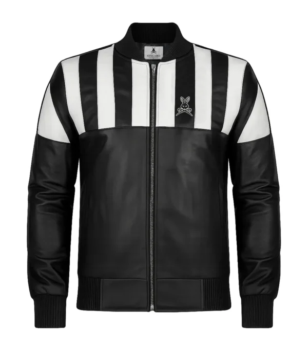 Retro Striped Black Leather Jacket Front