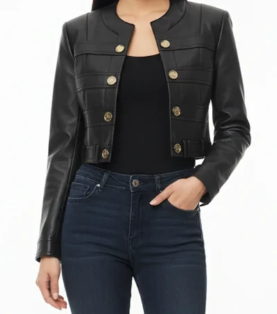Amelia Black Cropped Buttoned Leather Jacket