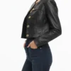 Amelia Black Cropped Buttoned Leather Jacket Side Look