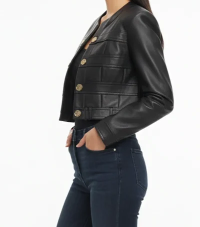 Amelia Black Cropped Buttoned Leather Jacket Side Look