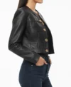 Amelia Black Cropped Buttoned Leather Jacket on Sale