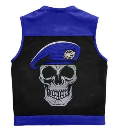 Battalion Skull biker Leather Blue Vest Back