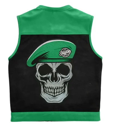 Battalion Skull biker Leather Green Vest Back