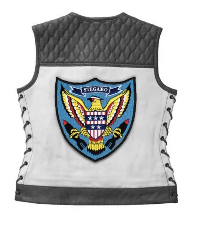 Squadron Eagle Grey And White Biker Leather Vest Back