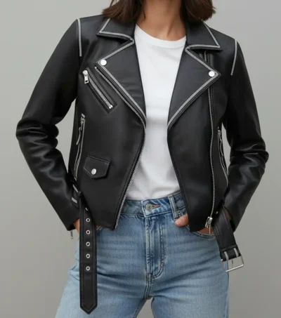 Tessa Black Contrast Trim Moto Leather Jacket