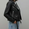 Tessa Black Contrast Trim Moto Leather Jacket Side Look