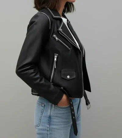 Tessa Black Contrast Trim Moto Leather Jacket Side Look