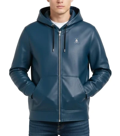 Axton Blue Leather Hoodie Jacket