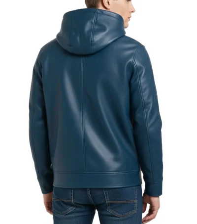 Axton Blue Leather Hoodie Jacket Back Look
