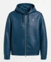 Axton Blue Leather Hoodie Jacket Front