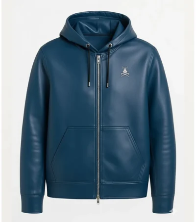 Axton Blue Leather Hoodie Jacket Front