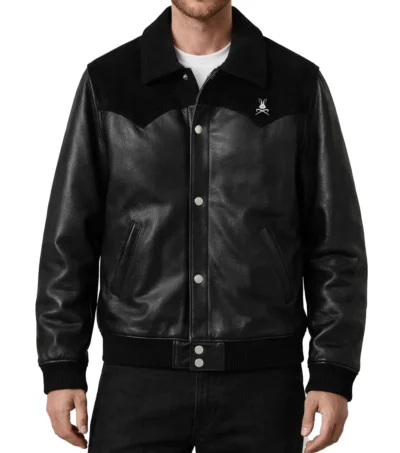 Black Leather Suede Bomber Jacket