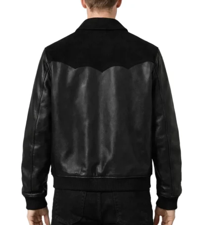 Black Leather Suede Bomber Jacket Back