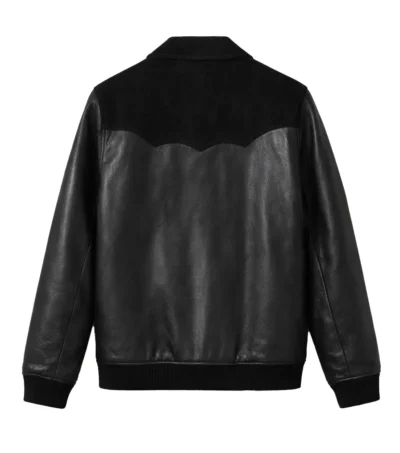 Black Leather Suede Bomber Jacket Back Look