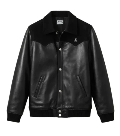 Black Leather Suede Bomber Jacket Front