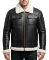 Black Leather White Fur Shearling Bomber Jacket