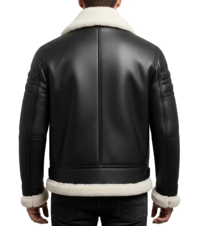 Black Leather White Fur Shearling Bomber Jacket Back