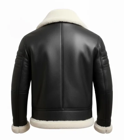 Black Leather White Fur Shearling Bomber Jacket Back Look