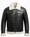 Black Leather White Fur Shearling Bomber Jacket Front