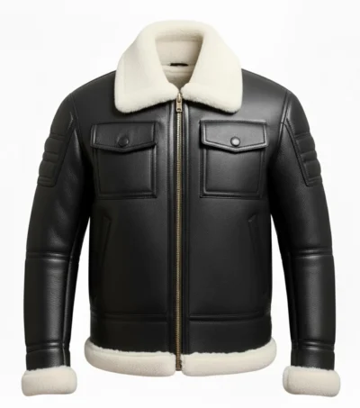 Black Leather White Fur Shearling Bomber Jacket Front