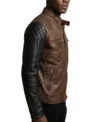 Brown Cafe Racer Leather Jacket with Black Sleeves Side Look