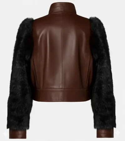 Brown Leather Black Fur Sleeve Jacket Back