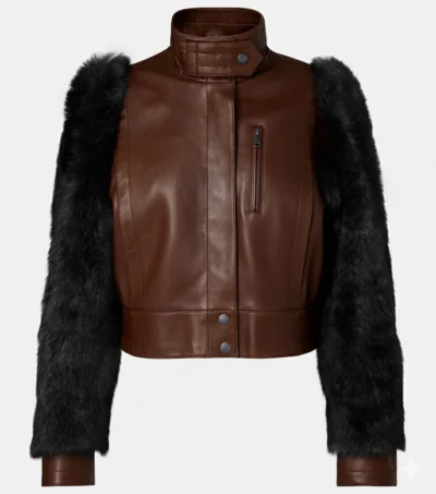 Brown Leather Black Fur Sleeve Jacket Front