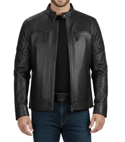 Classic Men's Cafe Racer Genuine Leather Jacket Black
