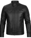 Classic Men's Cafe Racer Genuine Leather Jacket Black front view