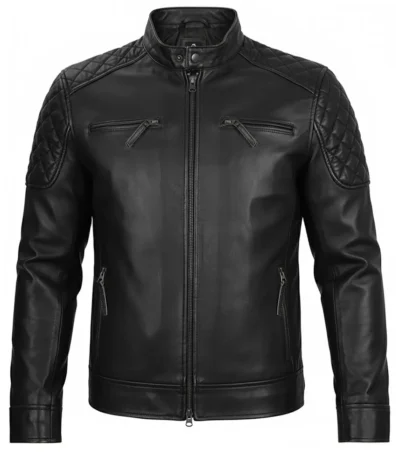 Classic Men's Cafe Racer Genuine Leather Jacket Black front view