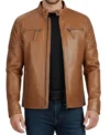Classic Men's Cafe Racer Genuine Leather Jacket brown